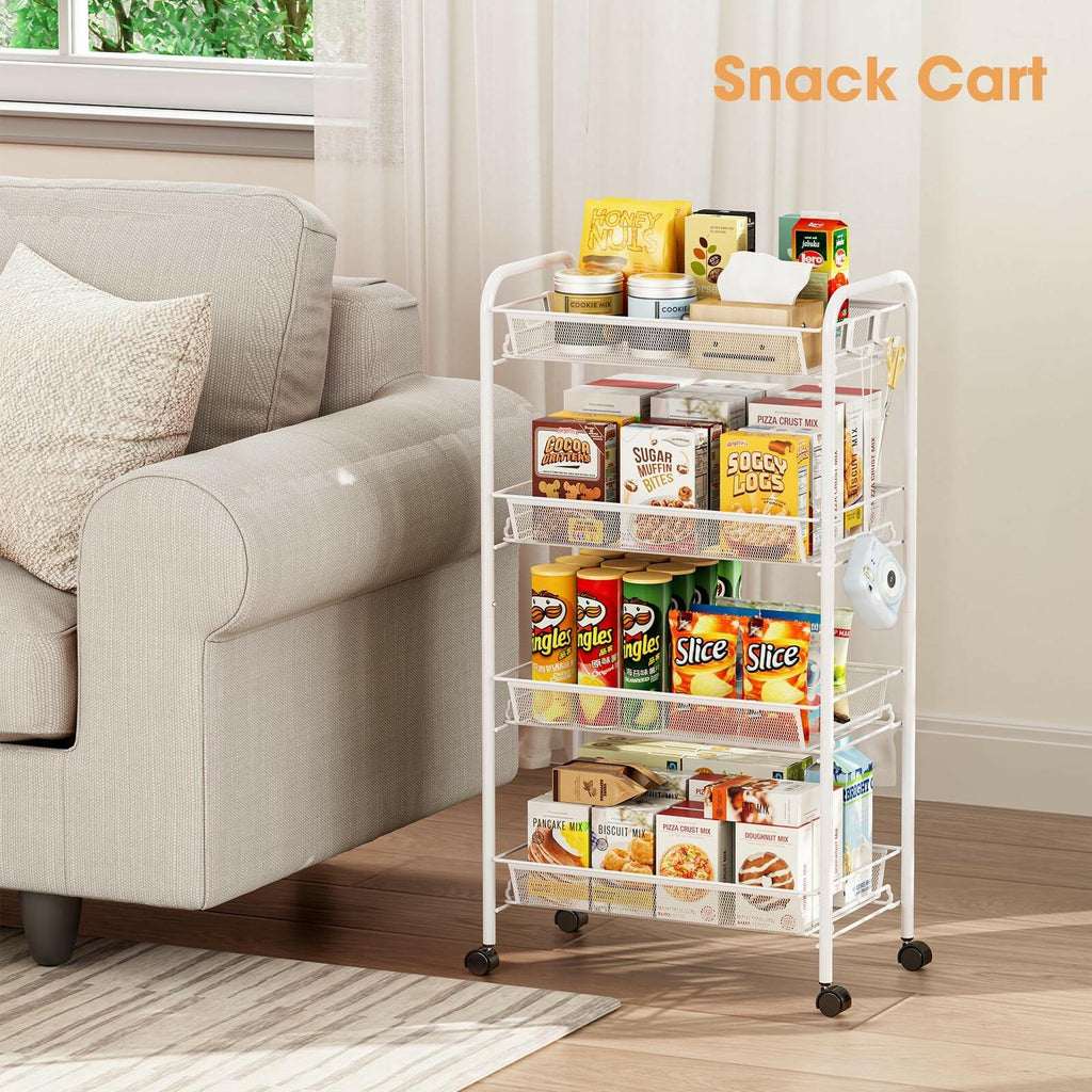 TOOLF 4-Tier Rolling Cart, Metal Utility Cart with 3 Hooks, Easy Assemble Mobile