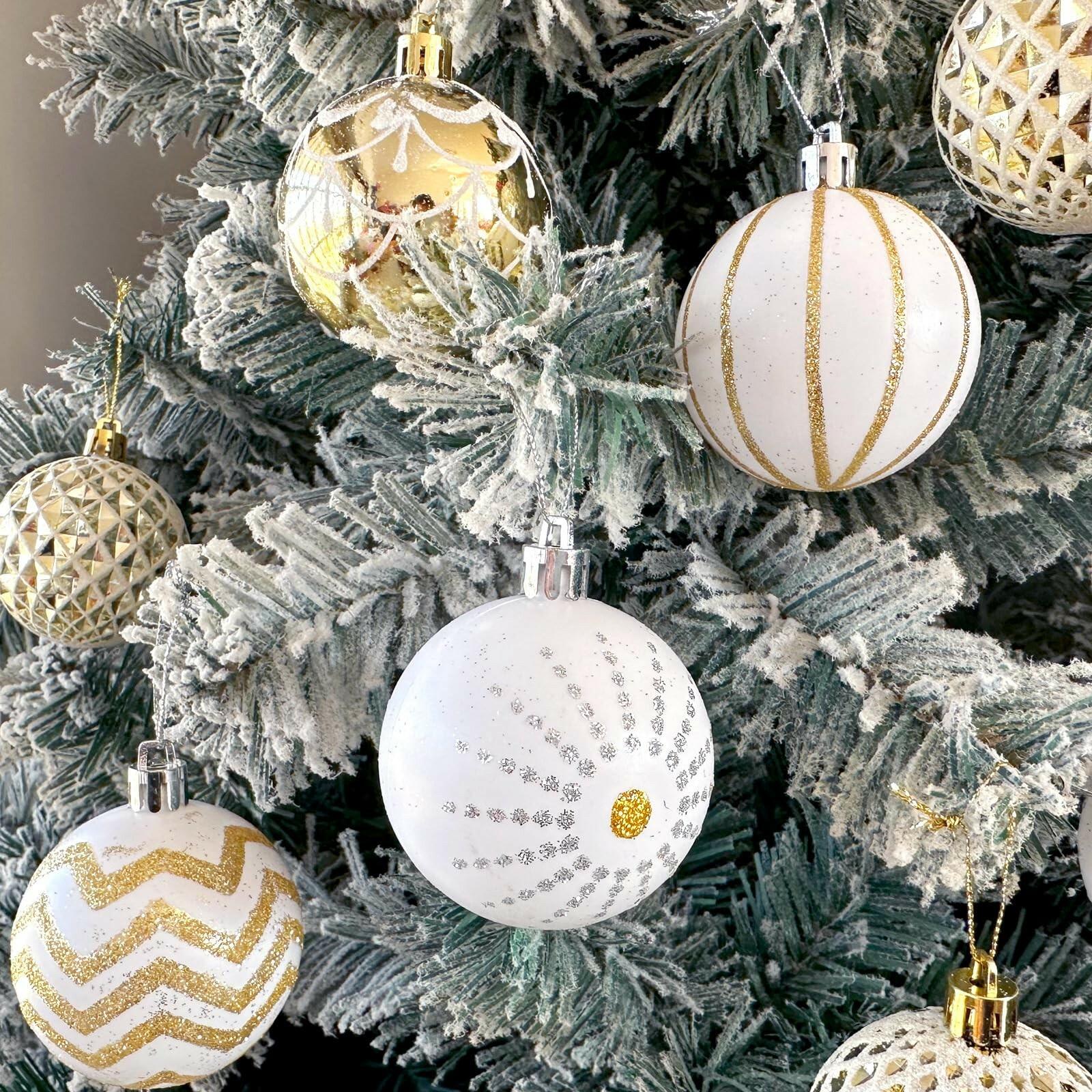 30PCS Christmas Balls Ornaments,60MM Gold&White Painted Shatterproof Festive