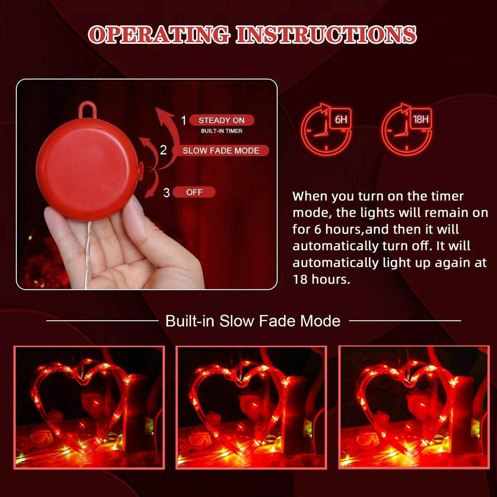 LOLStar Valentines Day Window Lights Decor with Timer, 3 Pack Battery Operated