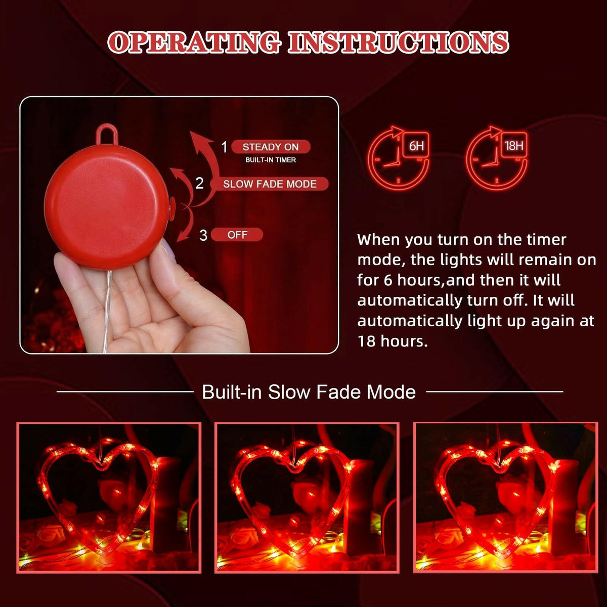 LOLStar Valentines Day Window Lights Decor with Timer, 3 Pack Battery Operated