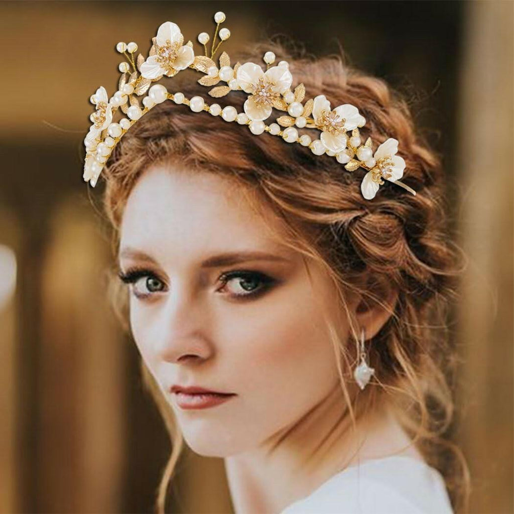 Gortin Flower Crown Bride Wedding Headband Gold Leaf Bridal Princess Headpiece