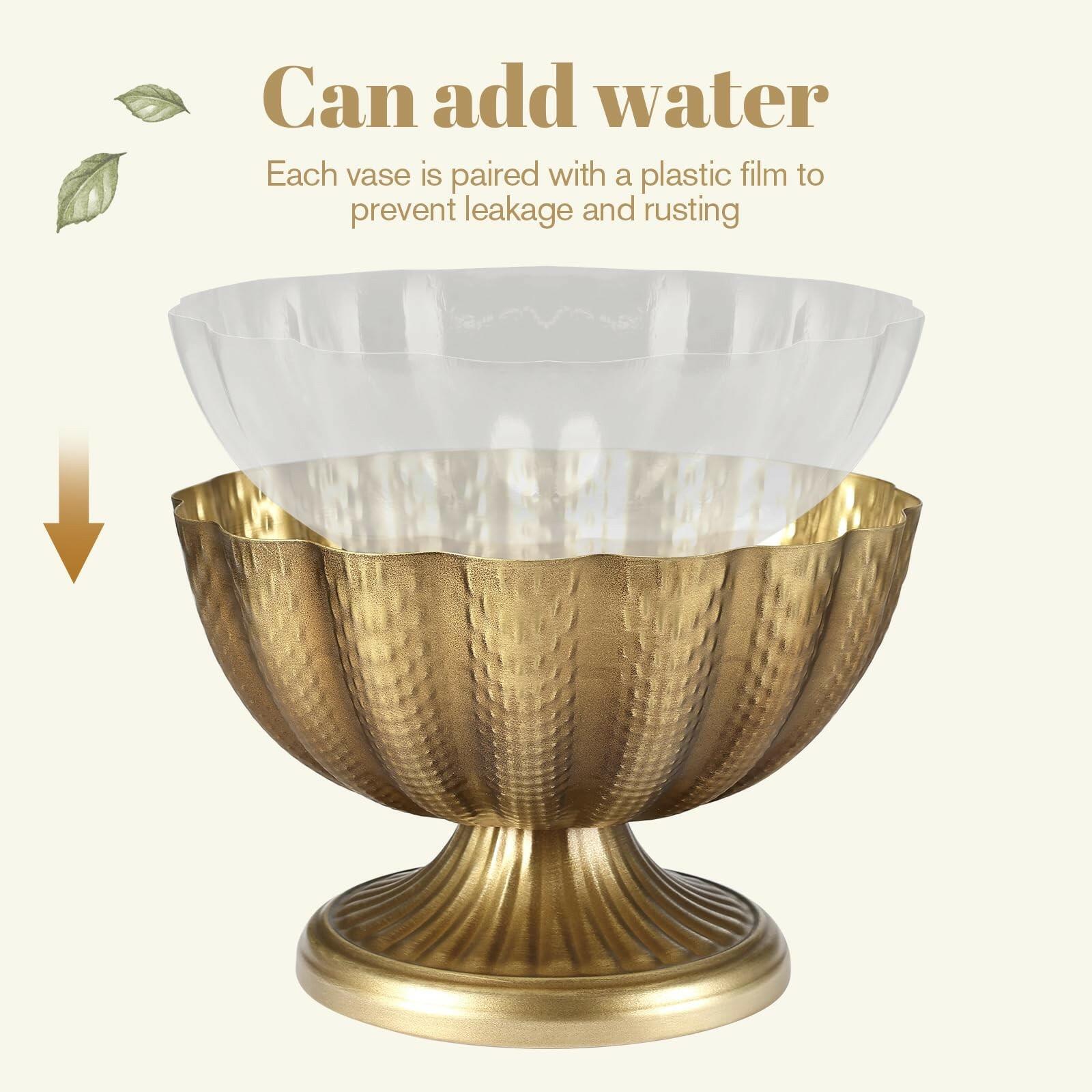 Set of 4, 9'' Wide 6.5'' High Distressed Gold Compote Pedestal Vases, Antique