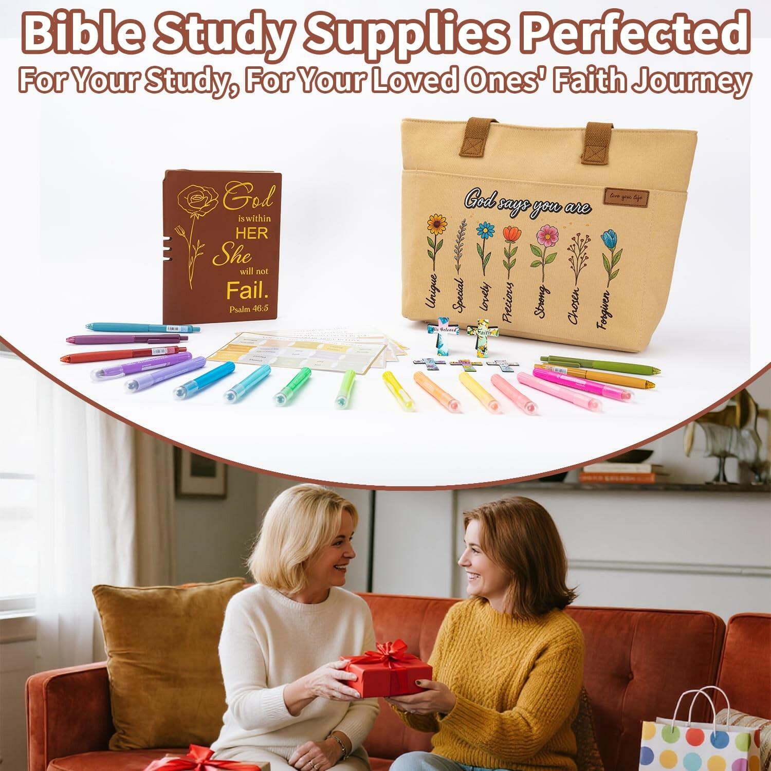 25 PCS Bible Study Supplies Kit, Large Capacity Canvas Tote Bag for Women