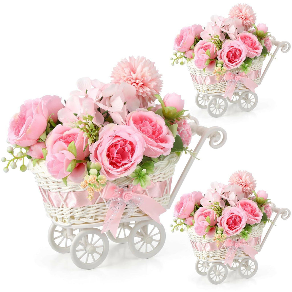 Fiwochic 3 Pack Rattan Baby Carriage Floral Arrangement with Bouquet Baby Shower