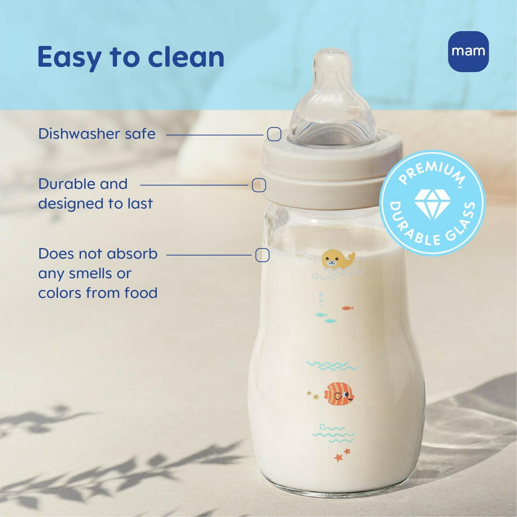 MAM 6oz Premium Glass Wide Neck Baby Bottle with Slow Flow Breastfeeding-Like