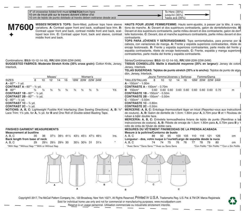 McCall's Misses'/Women's Pullover Tops With Contrast And Sleeve Variations
