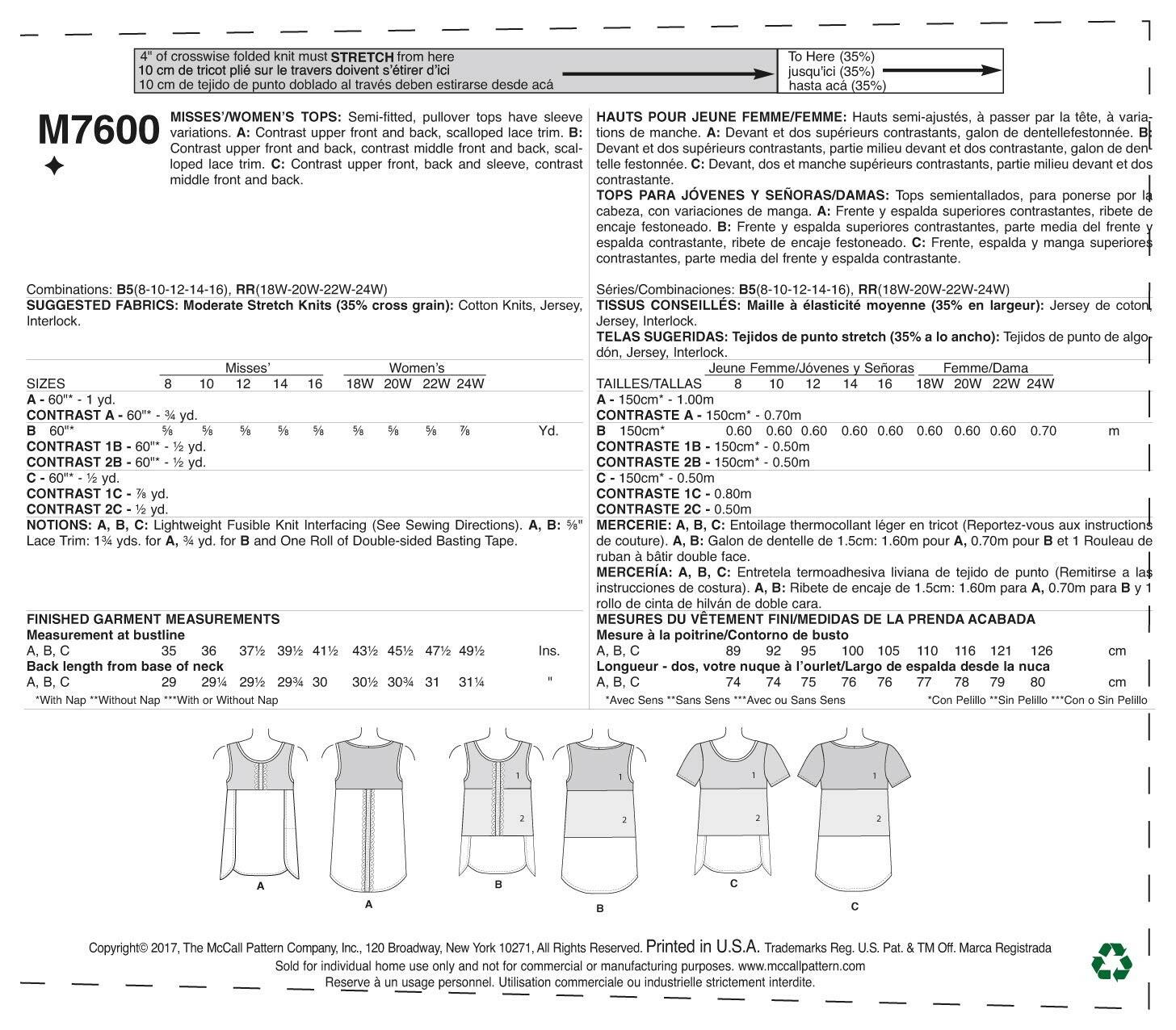 McCall's Misses'/Women's Pullover Tops With Contrast And Sleeve Variations