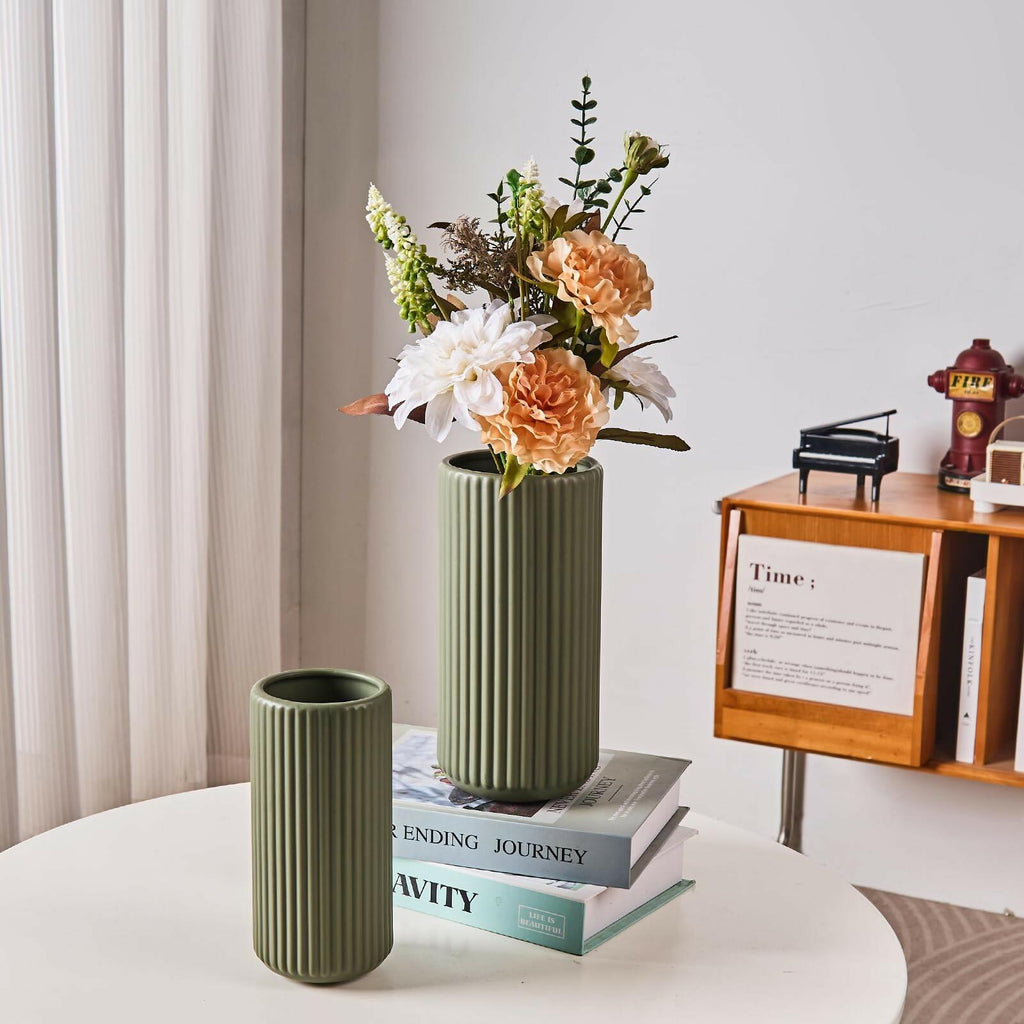 Green Ceramic Flower Vase for Pampas Grass, 8 inch Small Decorative Centerpiece