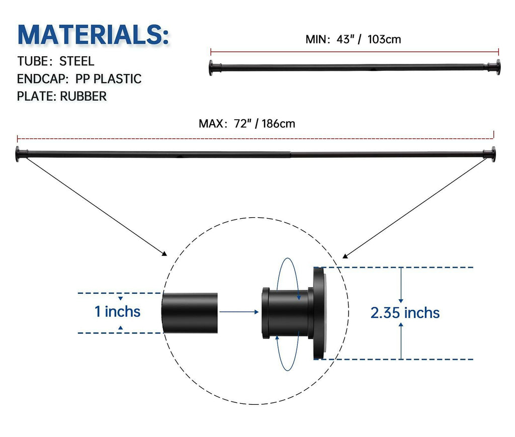 BRIOFOX Industrial Shower Curtain Rod - Rustproof Non-Slip 43-72 Inch Stainless