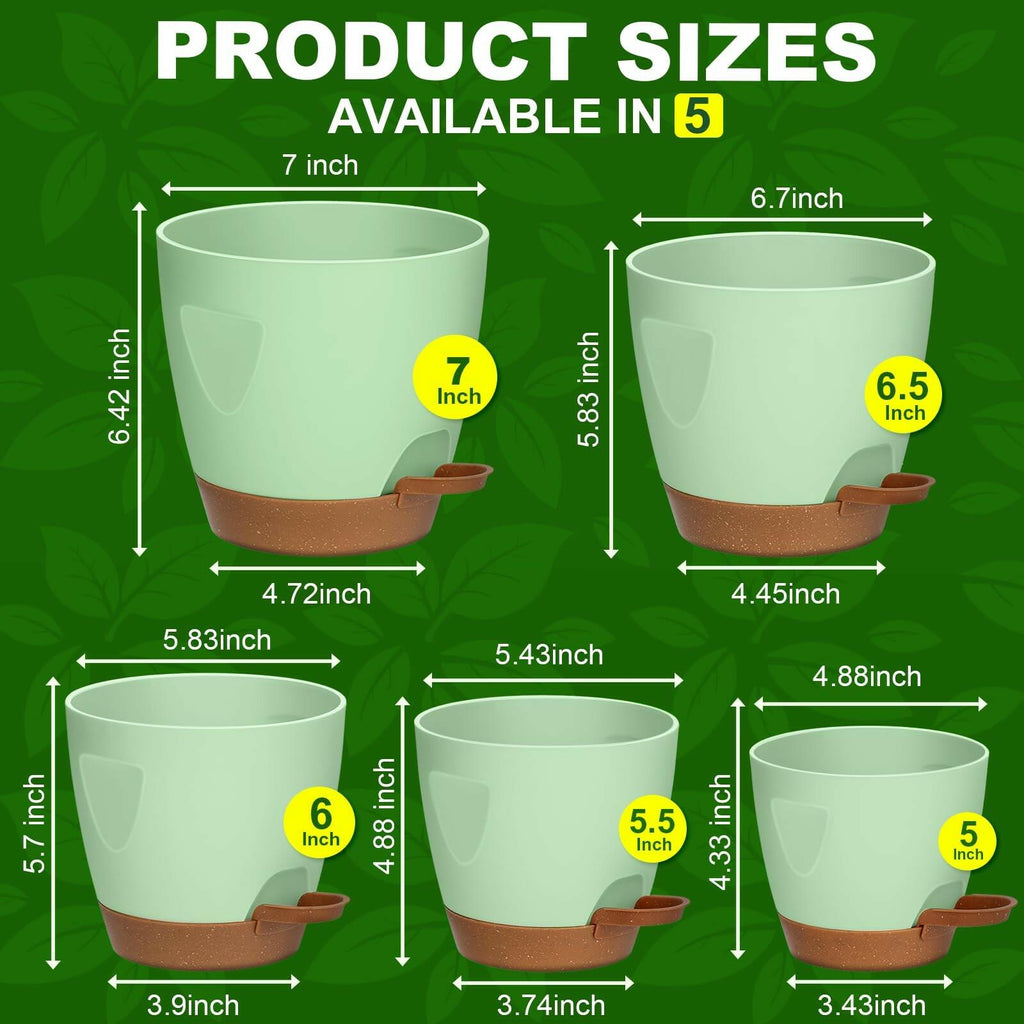 5-Pack Plant Pots with Drainage 7/6.5/6/5.5/5 Inch Self Watering Pots for Indoor