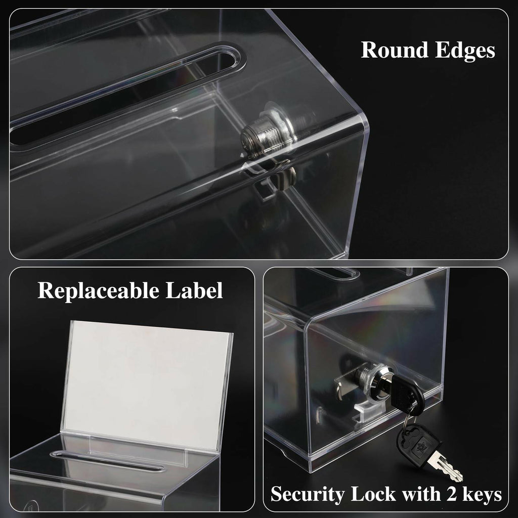 VOISEN Clear Donation Box with Lock,  6.2x4.6x3.9 Inch Ballot Box with Sign