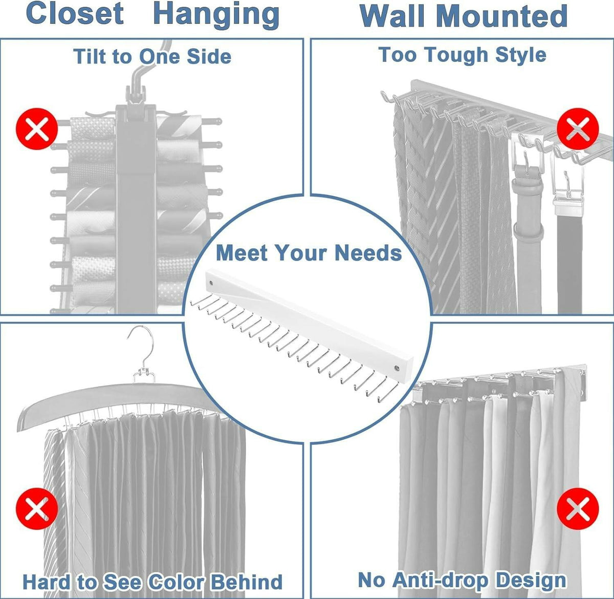 Tie Rack Wall Mounted, Belt Rack Tie Organizer for Men with 20 Storage Hooks,