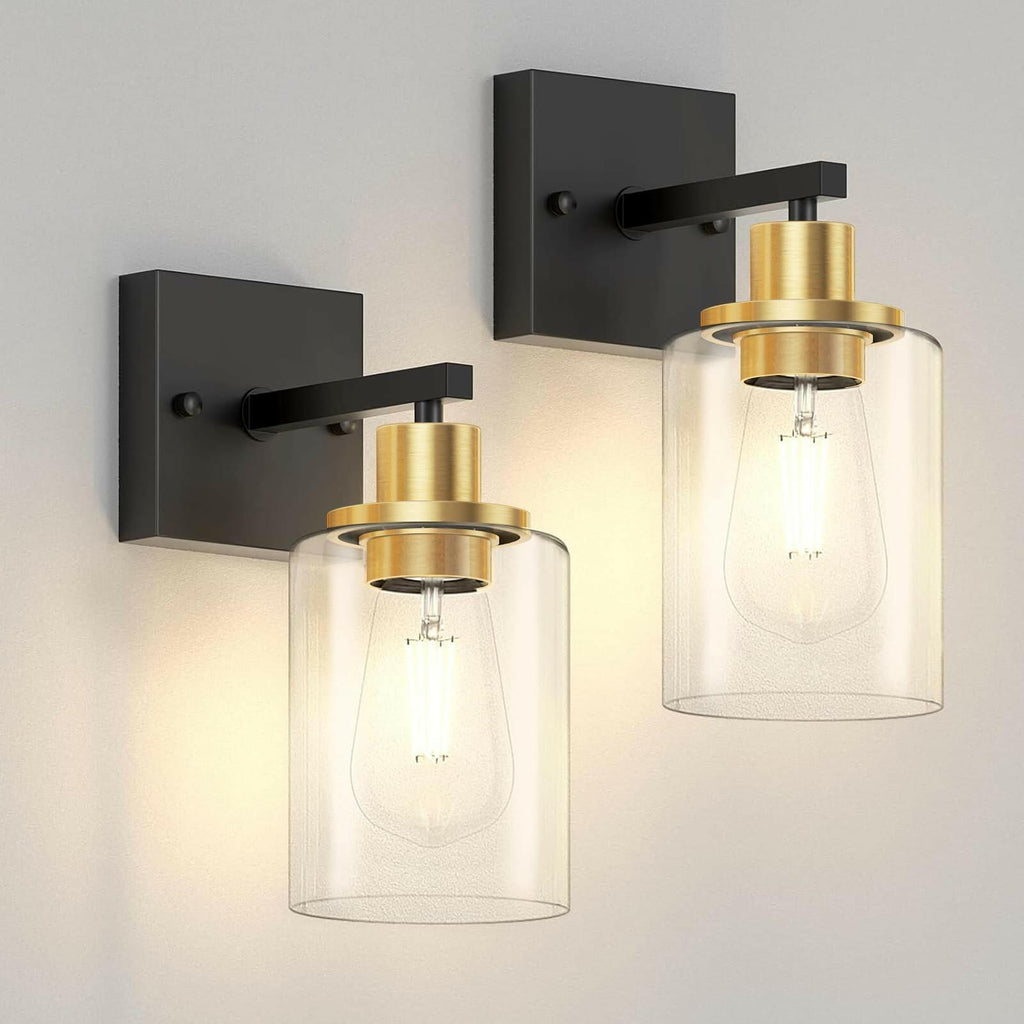 Set of 2 Licperron Black and Gold Wall Sconces with Clear Glass Shade, Matte