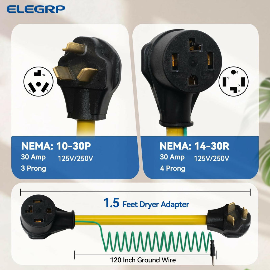 ELEGRP 1.5FT Dryer Adapter Cord NEMA 10-30P to 14-30R, 3 Prong Old House to 4