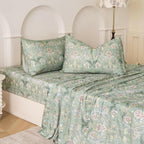 Huborise 17.5", 4Pcs Boho Sheets Silky Green Floral Bed Sheet Set Queen Size