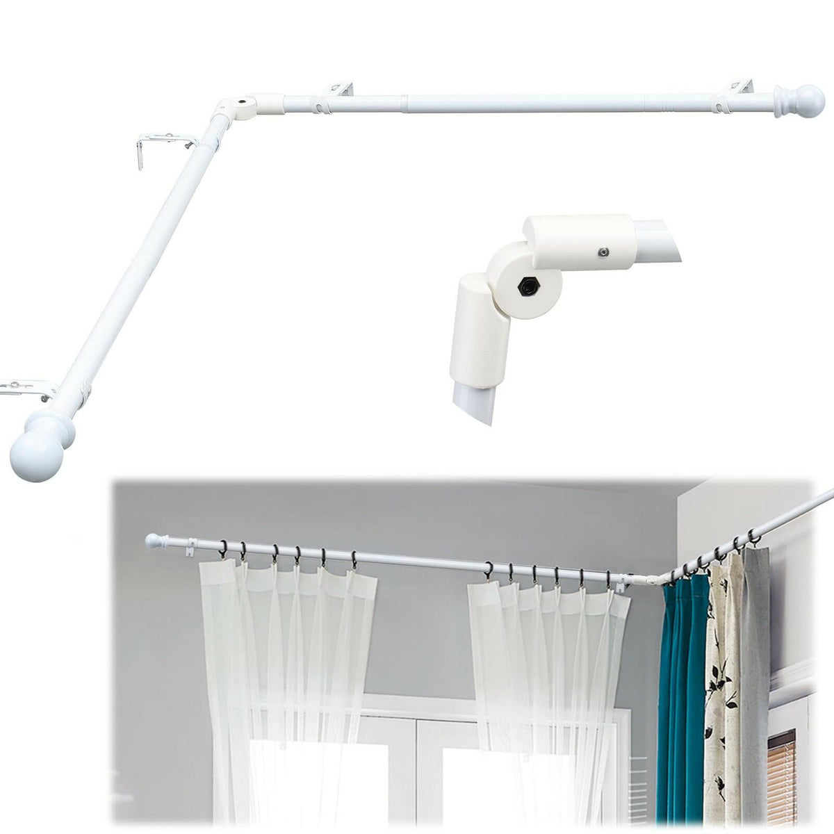 Lcokeiy White Steel Corner Curtain Rod, 30-136 Inch, Adjustable, Wall Mounted,