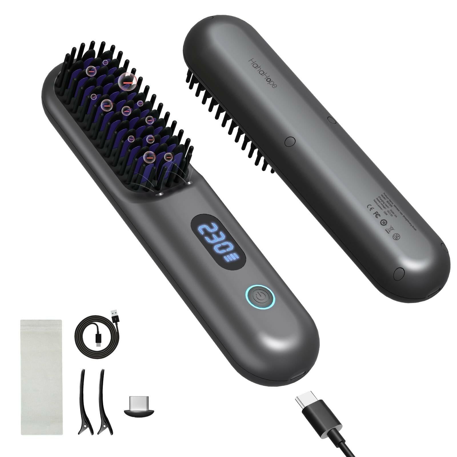 Cordless Hair Straightener Brush - Portable Straightener Brush with 9 Temp