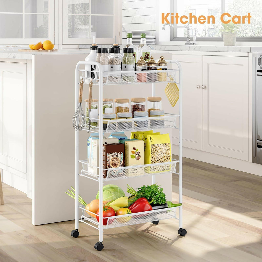 TOOLF 4-Tier Rolling Cart, Metal Utility Cart with 3 Hooks, Easy Assemble Mobile