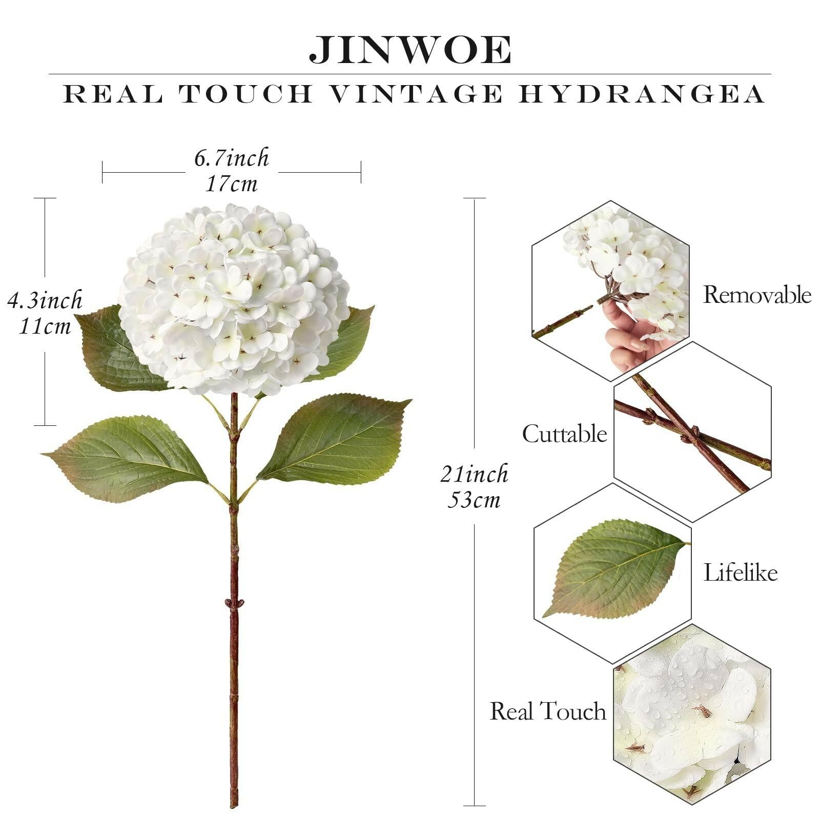 JINWOE 4PCS White Faux Hydrangea Flowers 21" Vintage Real Touch Latex Silk