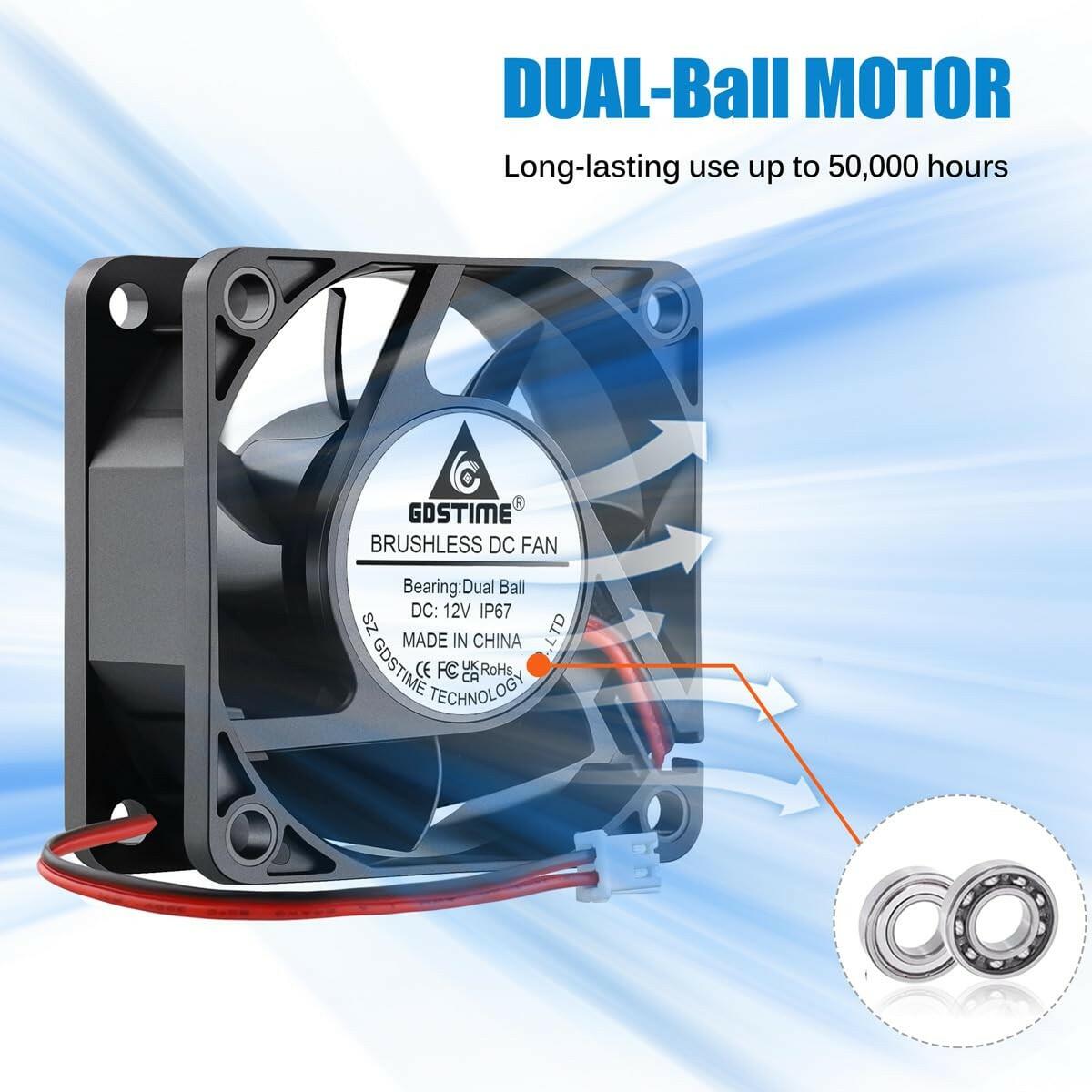 GDSTIME 60mm x 25mm 12V DC Waterproof IP67 Fan High Speed Dual Ball Bearing