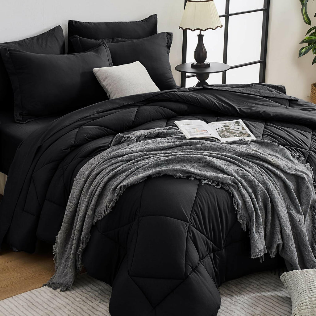 HEVUMYI Black Queen Comforter Set - 7-Piece All Season Bed in a Bag Queen, Ultra