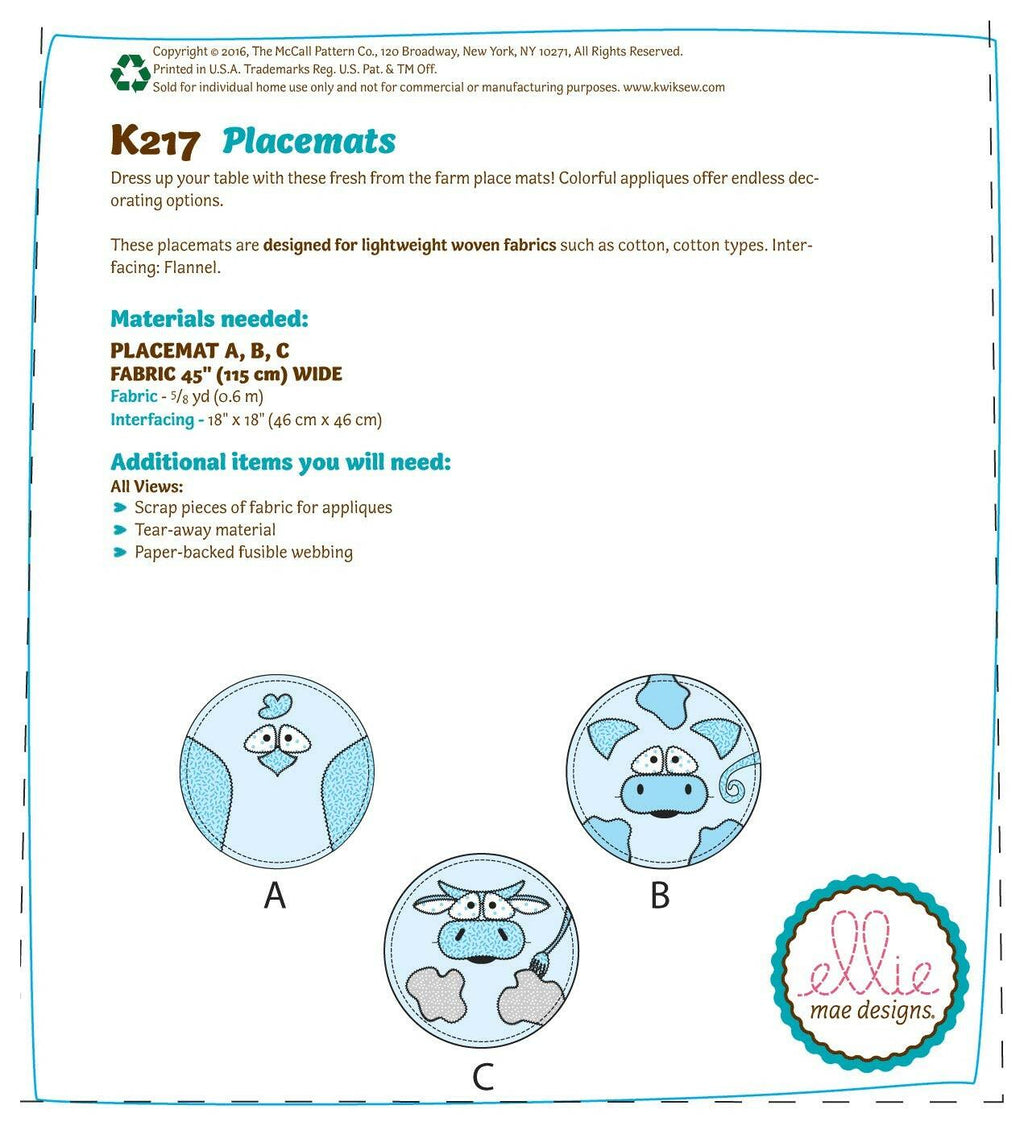 KWIK-SEW PATTERNS K0217 Circular Farm Animal Placemats, One Size