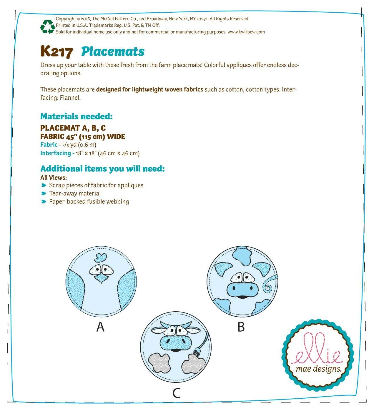 KWIK-SEW PATTERNS K0217 Circular Farm Animal Placemats, One Size