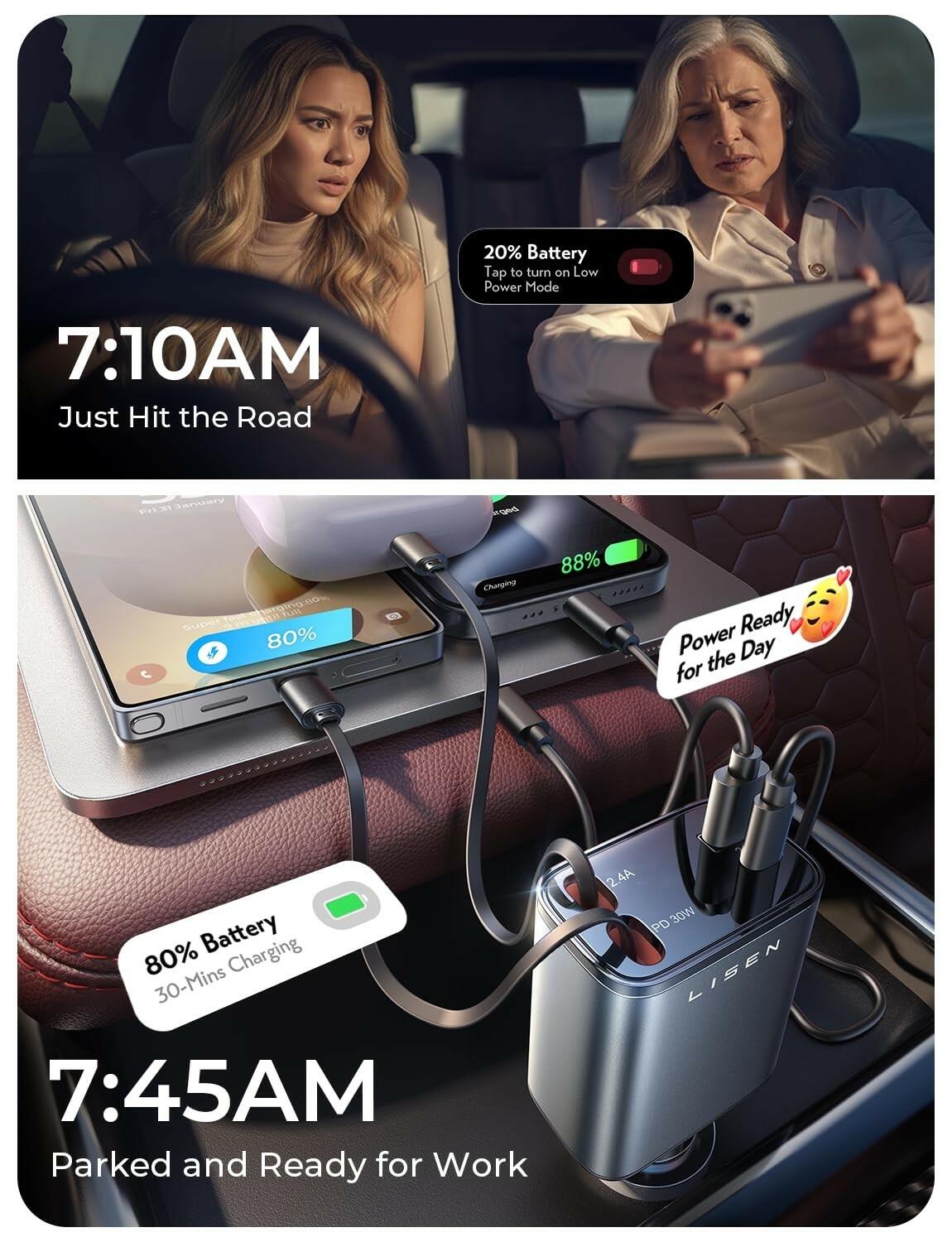 LISEN Retractable Car Charger, Gifts for Him Her, Cars Adapter USB C Fast