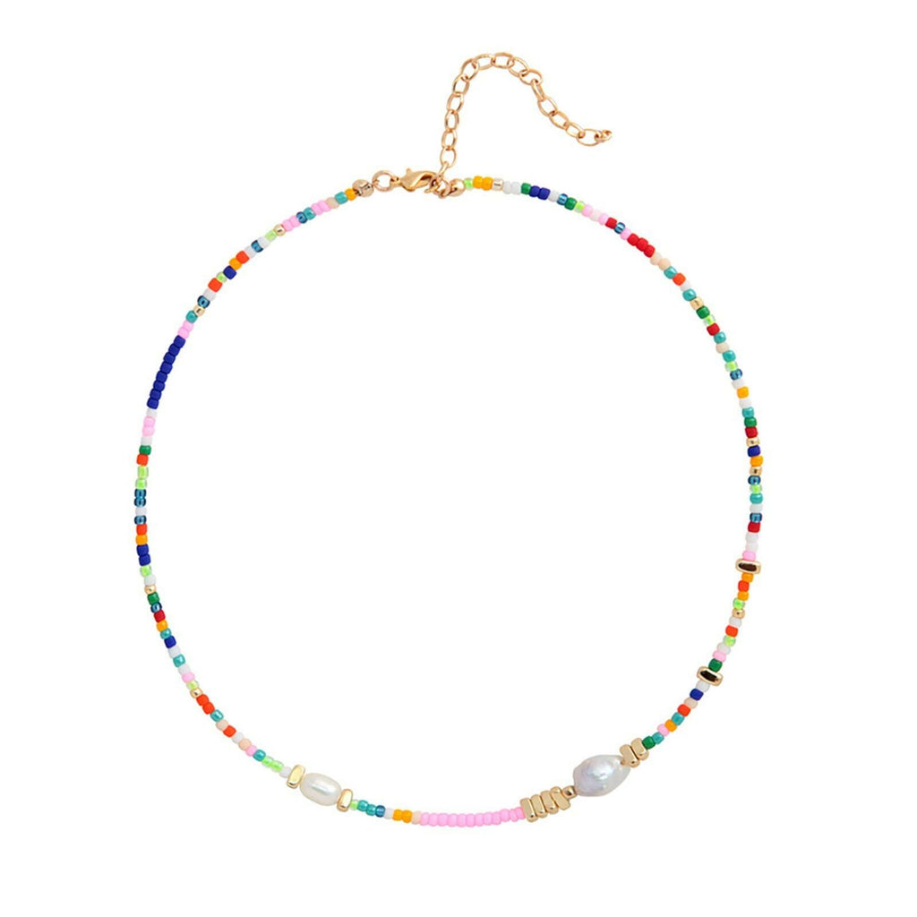 Wellike Freshwater Pearl Beaded Necklace for Women Handmade Boho Colorful Glass