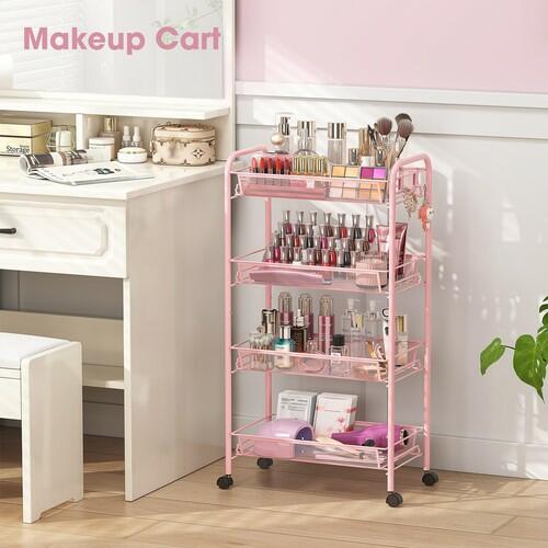 TOOLF 4 Tier Rolling Utility Cart Pink Metal Storage Trolley w/ Hooks