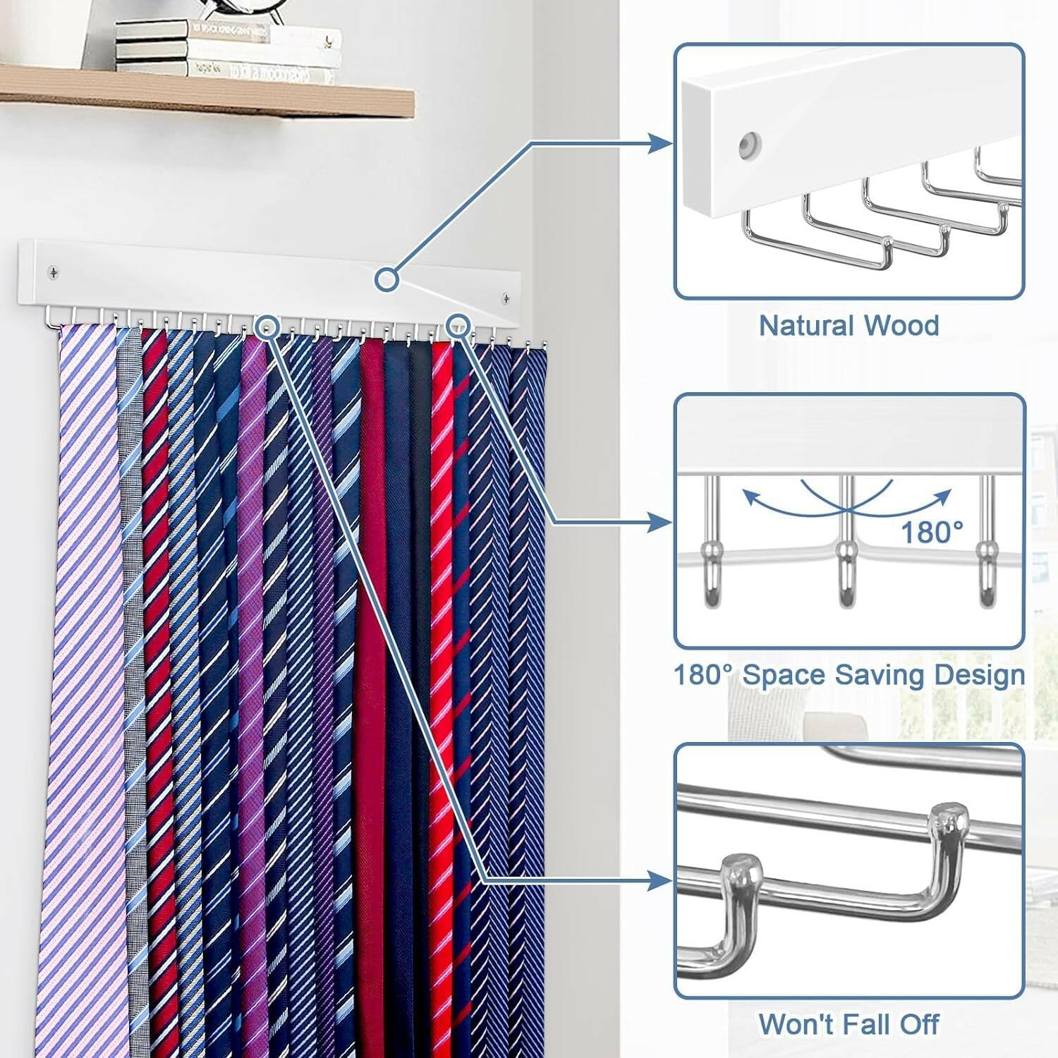 Tie Rack Wall Mounted, Belt Rack Tie Organizer for Men with 20 Storage Hooks,