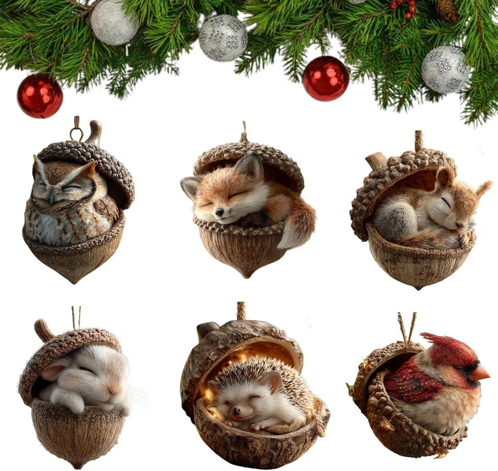6-Piece Forest Animal Acorn Ornament Set 2D Flat Acrylic Hanging Forest Pine