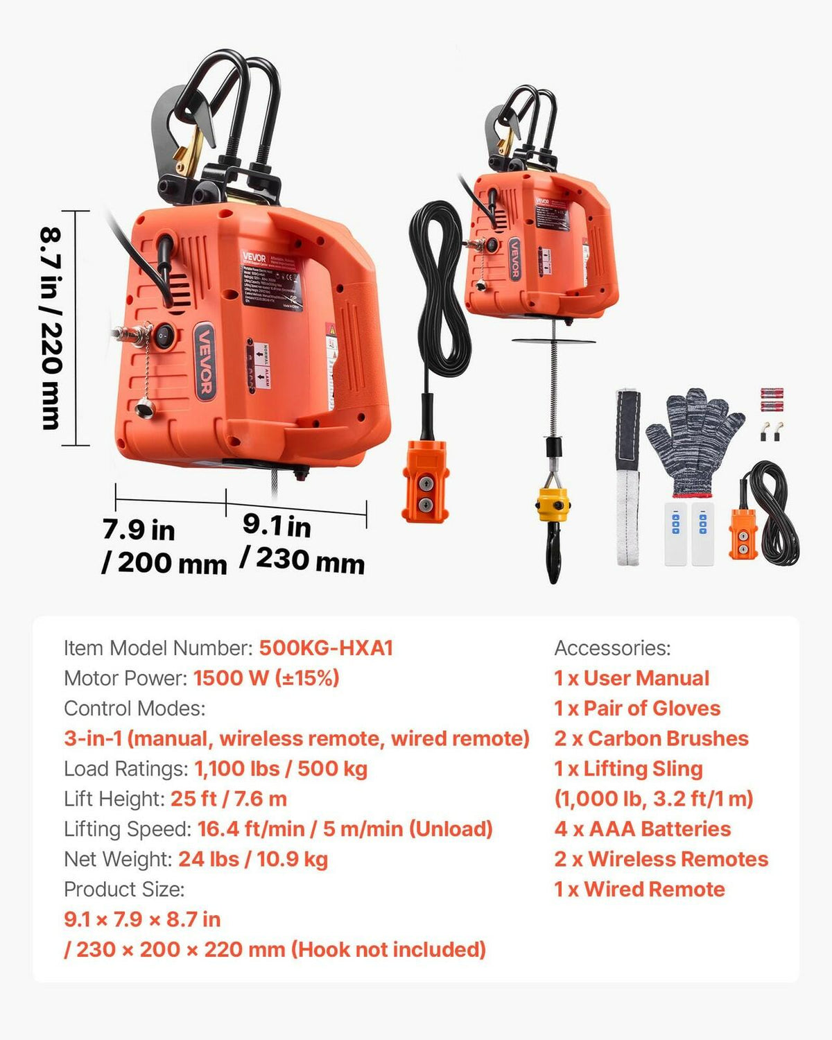 VEVOR 3-in-1 Electric Hoist Winch 1100lbs 1500W Wireless Remote