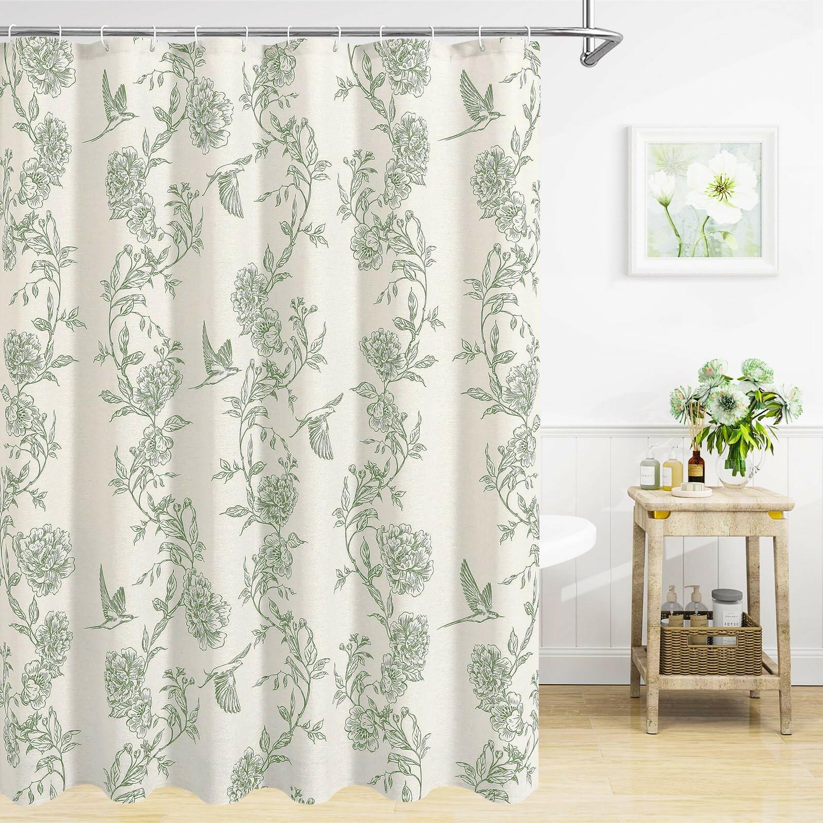 MitoVilla Sage Green Farmhouse Shower Curtain Set, 72" W x 72" L Cotton Floral