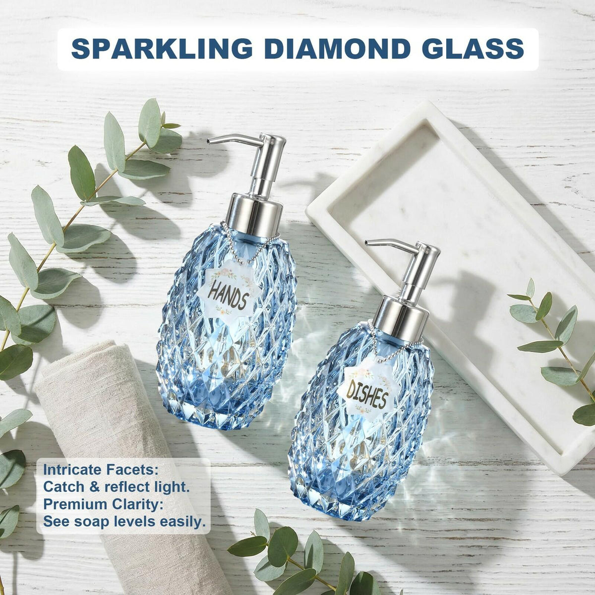 MALACHI Soap Dispenser Set, Crystal-Textured Diamond Glass with Rustproof