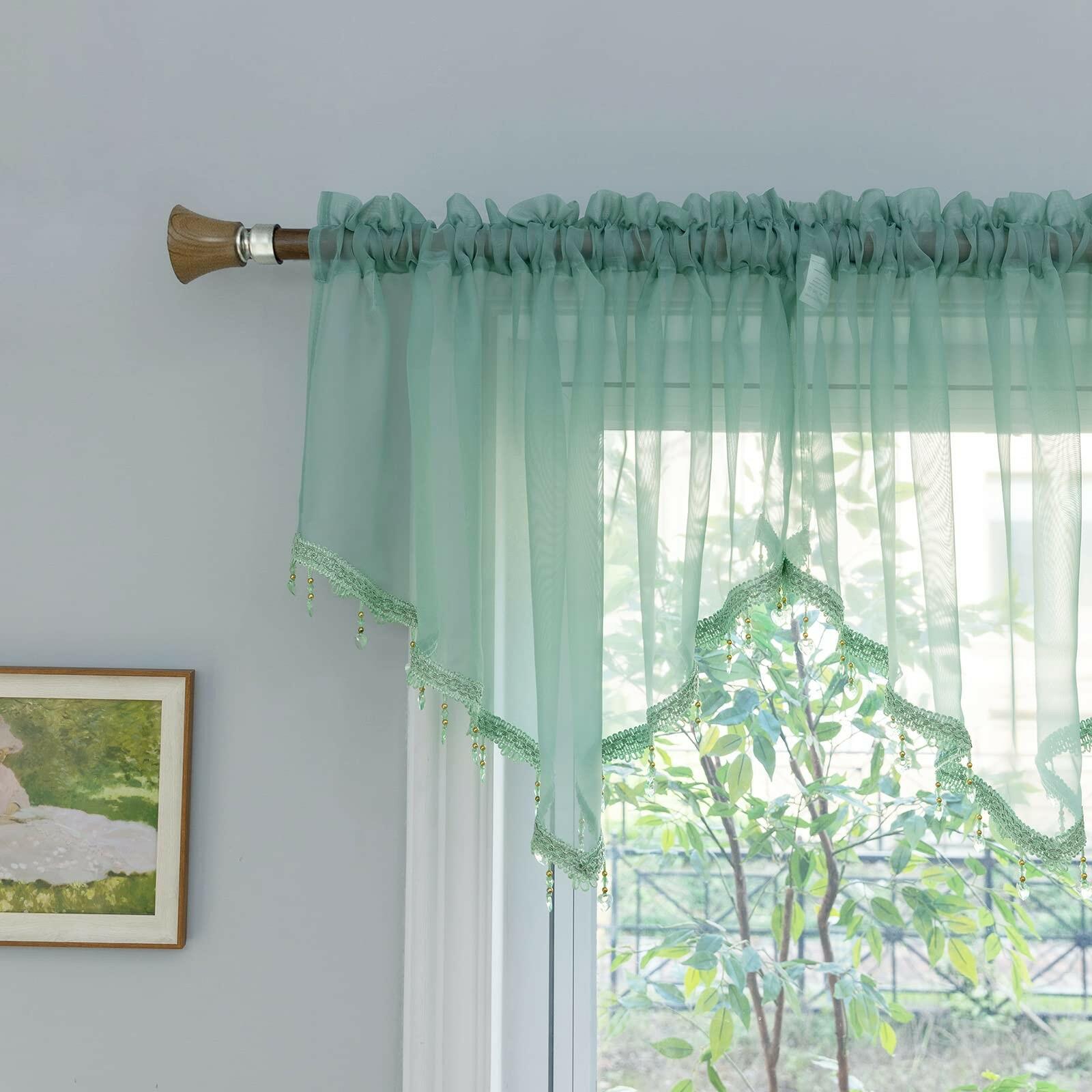 PearAge Beaded Sheer Valance Curtains for Living Room,Rod Pocket Farmhouse