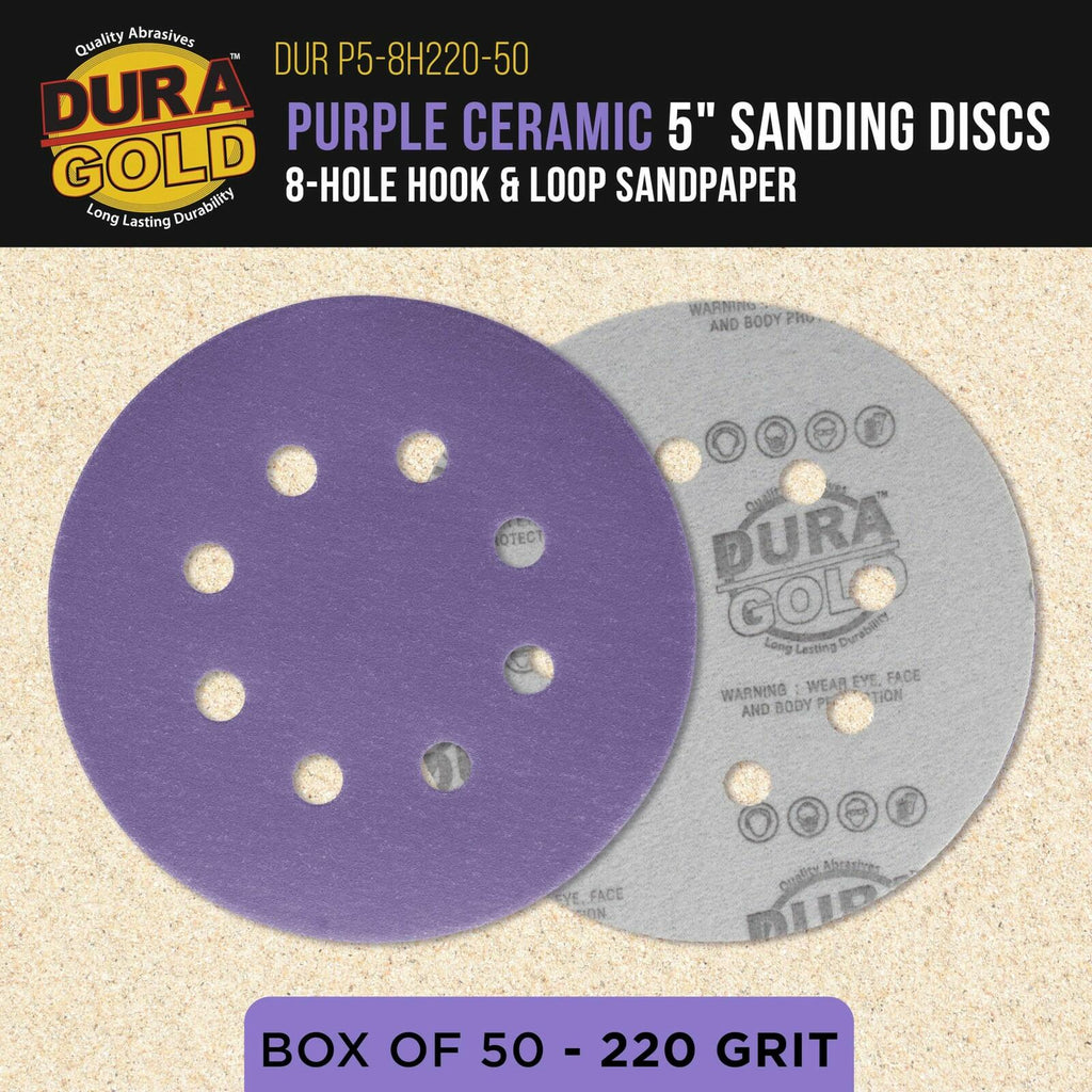 Dura-Gold Premium 220 Grit 5" Purple Film Ceramic Sanding Discs, 8-Hole Pattern,