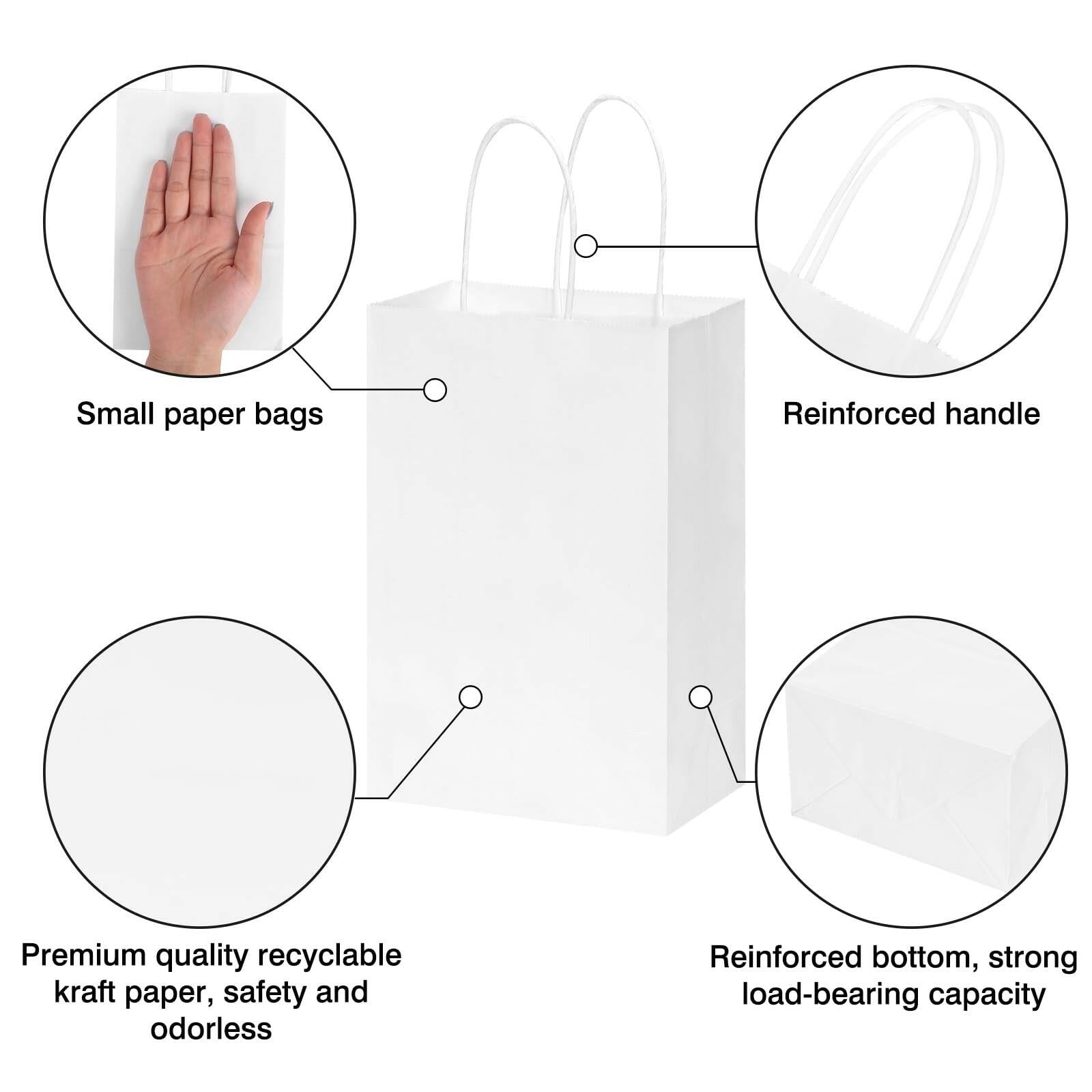 OUTUXED 60pcs 5.25x3.2x8in White Paper Bags with Handles, Small White Gift Bags