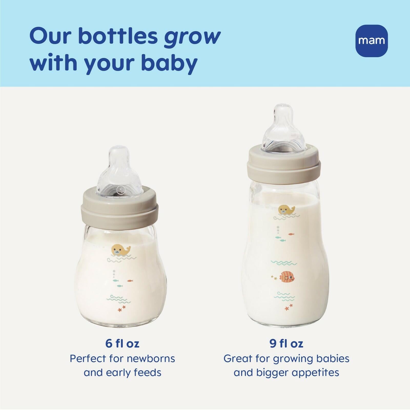 MAM 6oz Premium Glass Wide Neck Baby Bottle with Slow Flow Breastfeeding-Like