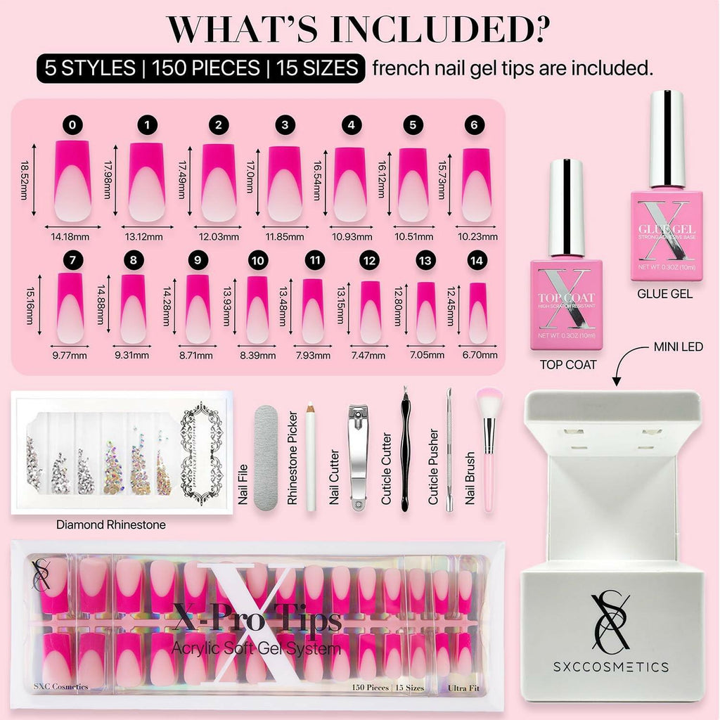SXC Cosmetics French Tip Press On Nails – 5 Pink Series, Medium Square, X-Pro