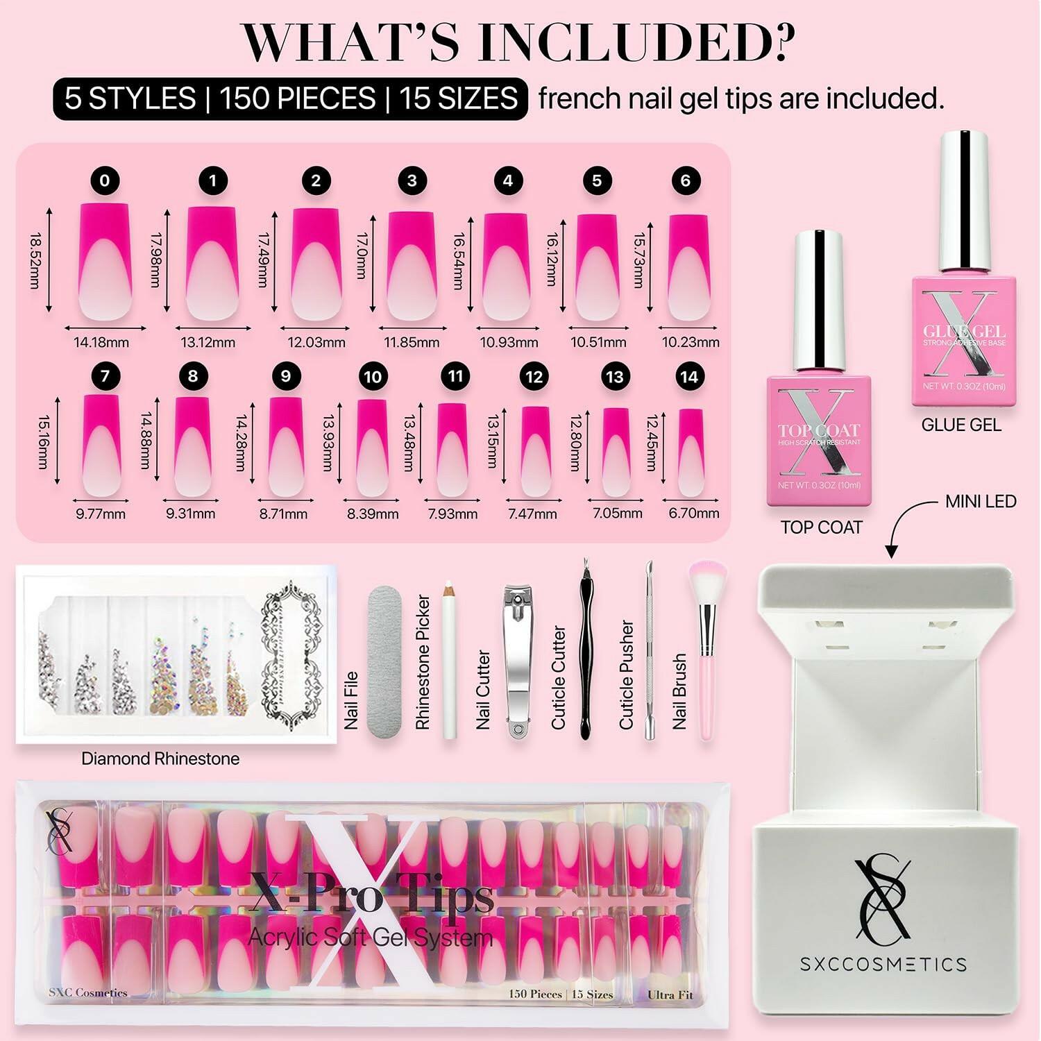 SXC Cosmetics French Tip Press On Nails – 5 Pink Series, Medium Square, X-Pro