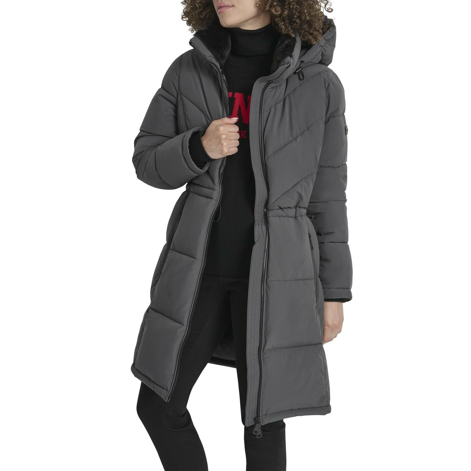 DKNY Women's Medium Walker-Length Puffer Coat with Hood and Adjustable Internal