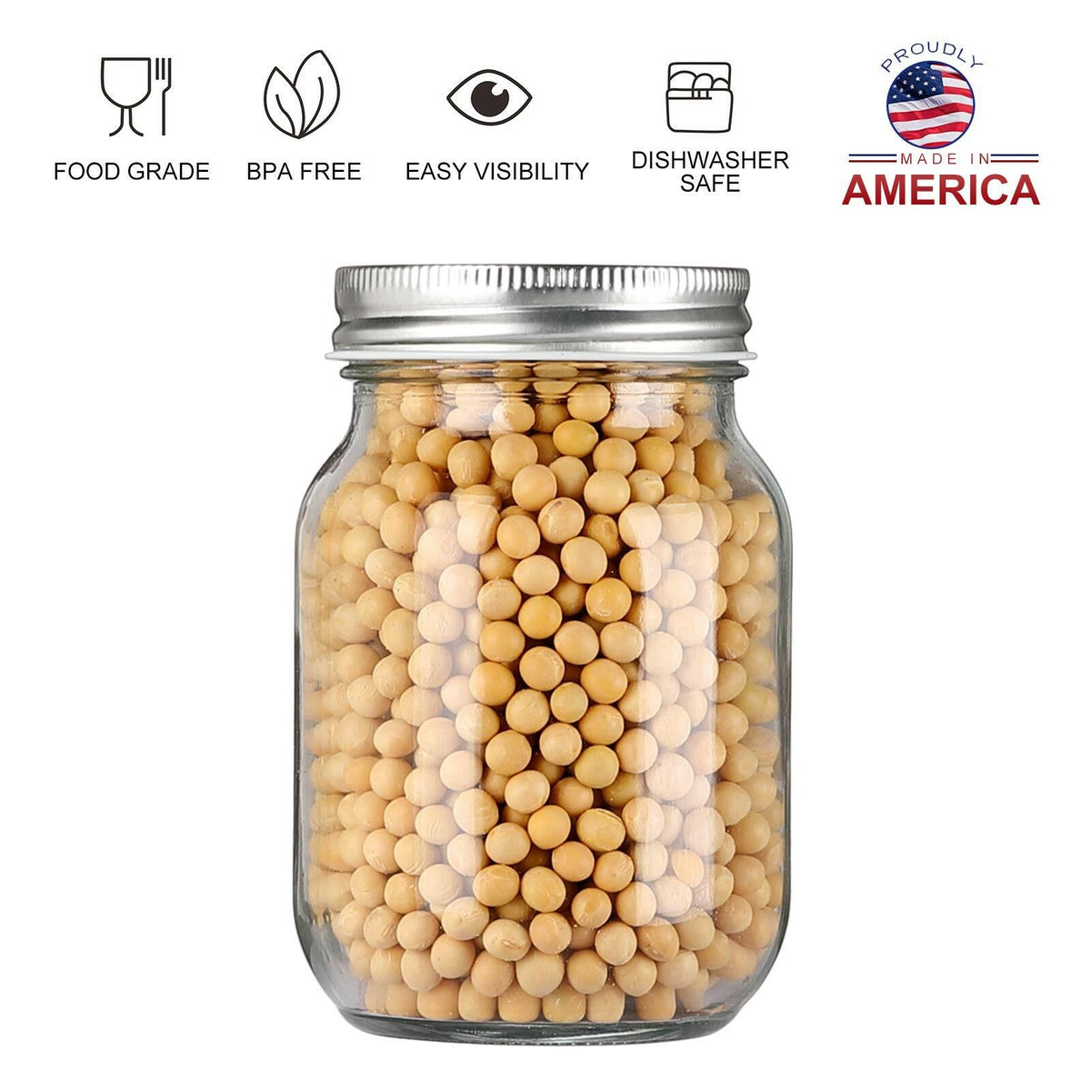 4 Pack YINGERHUAN Glass Regular Mouth Mason Jars, 16 oz Clear Glass Jars with