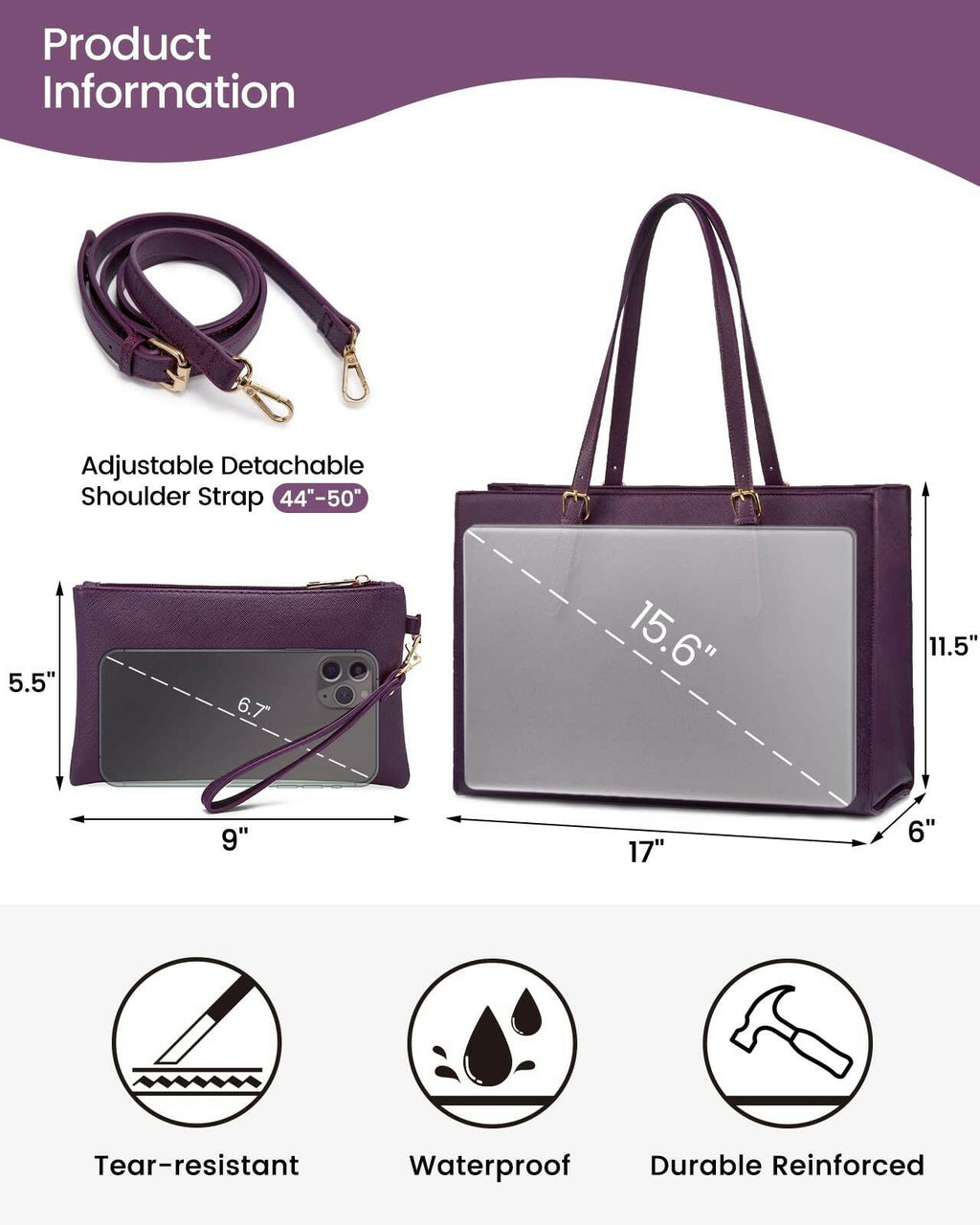 LOVEVOOK 15.6 Inch Laptop Bag for women, Large Waterproof PU Leather Work