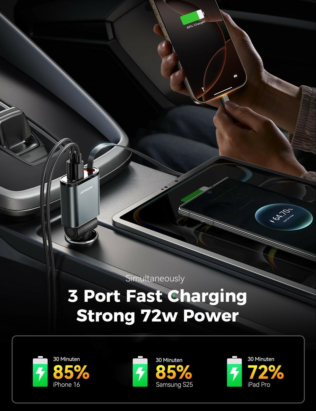72W Car Charger USB C - PD45W USB C Retractable Cable Fast Charging for iPhone