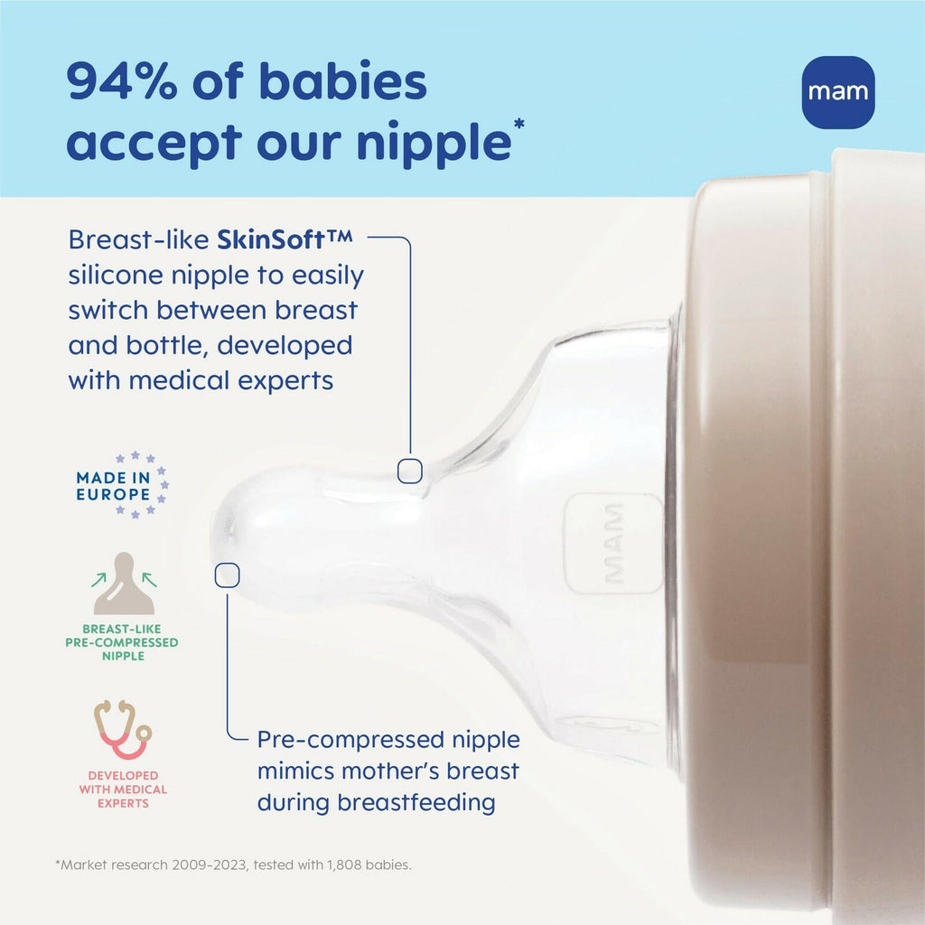 MAM 6oz Premium Glass Wide Neck Baby Bottle with Slow Flow Breastfeeding-Like