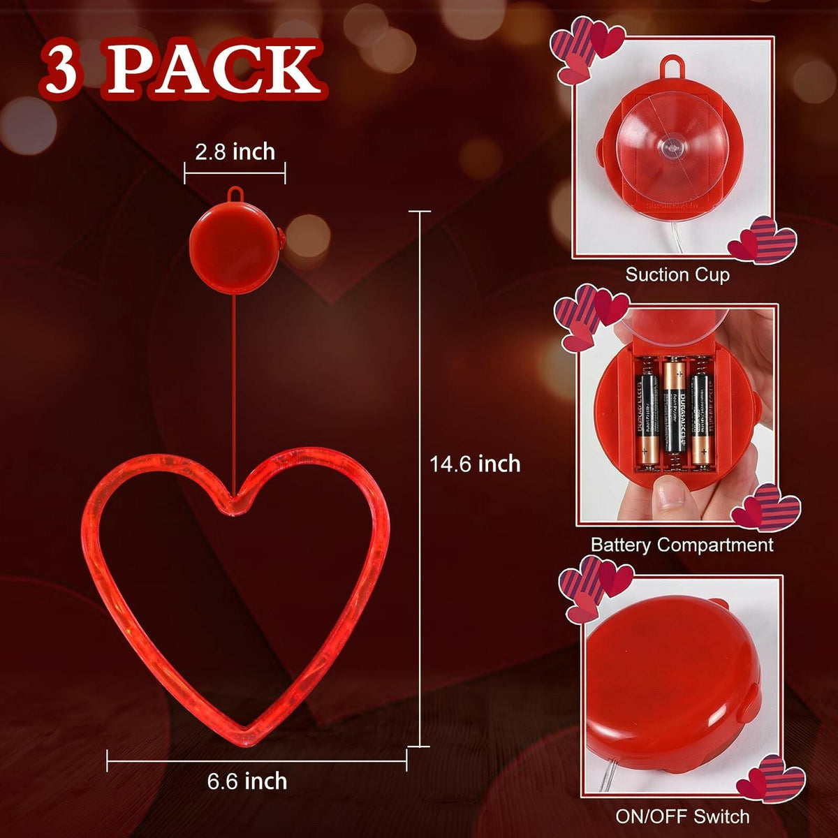 LOLStar Valentines Day Window Lights Decor with Timer, 3 Pack Battery Operated
