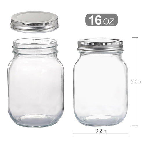 4 Pack YINGERHUAN Glass Regular Mouth Mason Jars, 16 oz Clear Glass Jars with