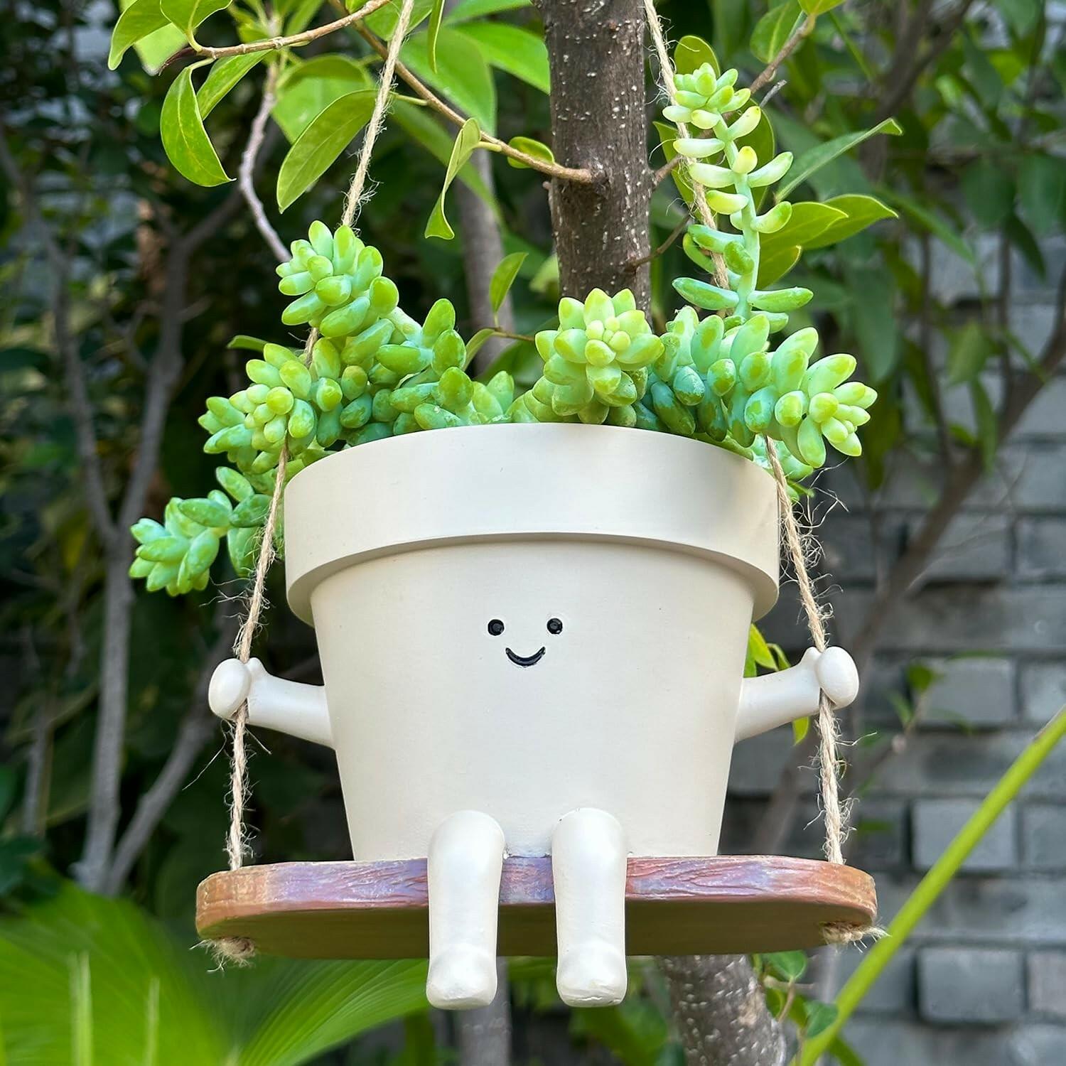 Hanging Planter Swing Face Plant Pot - Cute Resin Head Planters with Drainage