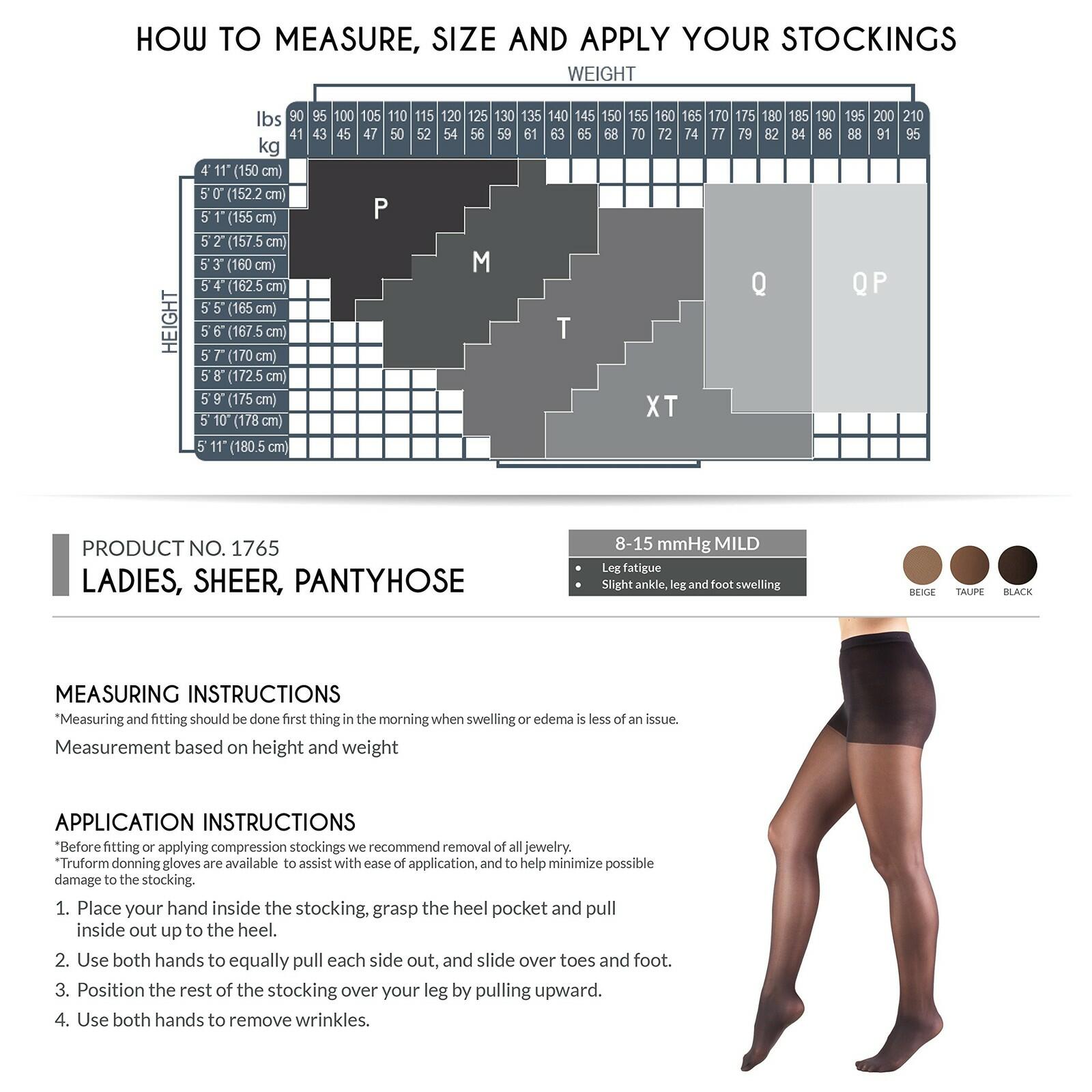 Truform Sheer Compression Pantyhose, 8-15 mmHg, Women's Shaping Tights, 20